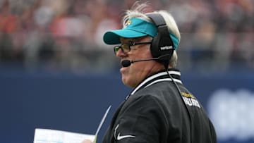 Oct 13, 2024; London, United Kingdom; Jacksonville Jaguars coach Doug Pederson reacts against the Chicago Bears in the first half during an NFL International Series game at Tottenham Hotspur Stadium. 