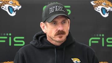Oct 17, 2024; Watford, United Kingdom; Jacksonville Jaguars defensive coordinator Ryan Nielsen during press conference at The Grove. 