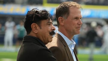 Sep 25, 2022; Inglewood, California, USA; Jacksonville Jaguars general manager Trent Baalke (right) and owner Shad Khan aka Shahid Khan during the game against the Jacksonville Jaguars at SoFi Stadium. Mandatory Credit: Kirby Lee-Imagn Images
