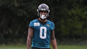 Oct 16, 2024; Watford, United Kingdom; Jacksonville Jaguars wide receiver Gabe Davis (0) during practice at The Grove. Mandatory Credit: Kirby Lee-Imagn Images
