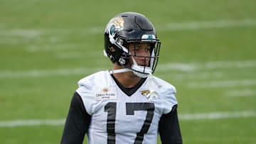 Oct 5, 2023; Ware, United Kingdom; Jacksonville Jaguars tight end Evan Engram (17) during practice at Hanbury Manor Marriott. Mandatory Credit: Kirby Lee-Imagn Images