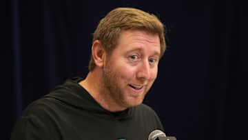 Feb 25, 2025; Indianapolis, IN, USA; Jacksonville Jaguars coach Liam Coen speaks during the NFL Scouting Combine at the Indiana Convention Center. Mandatory Credit: Kirby Lee-Imagn Images