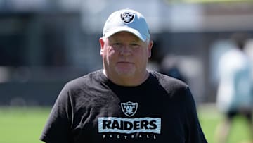 Jul 24, 2025; Henderson, NV, USA; Las Vegas Raiders offensive coordinator Chip Kelly during training camp at the Intermountain Healthcare Performance Center. Mandatory Credit: Kirby Lee-Imagn Images