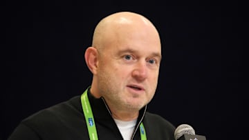 Feb 25, 2025; Indianapolis, IN, USA; Cincinnati Bengals general manager Duke Tobin speaks during the NFL Scouting Combine at the Indiana Convention Center. Mandatory Credit: Kirby Lee-Imagn Images