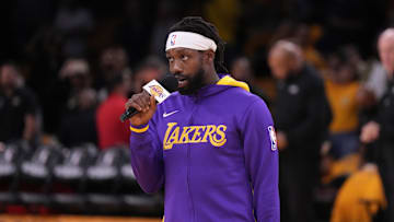 Oct 20, 2022; Los Angeles, California, USA; Los Angeles Lakers guard Patrick Beverley speaks to the crowd before the game against the LA Clippers at Crypto.com Arena. The Clippers defeated the Lakers 103-97. Mandatory Credit: Kirby Lee-Imagn Images