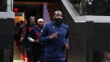 May 1, 2025; Inglewood, California, USA; LA Clippers guard James Harden enters the court against the Denver Nuggets during game six of first round for the 2025 NBA Playoffs at Intuit Dome. Mandatory Credit: Kirby Lee-Imagn Images