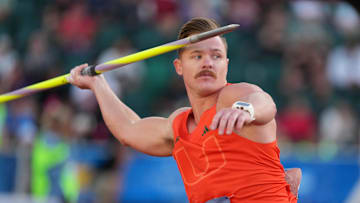 Jun 11, 2025; Eugene, OR, USA;  Devoux Deysel of Florida wins the javelin with a throw of 268-2 (81.75m) during the NCAA Track and Field Championships at Hayward Field. Mandatory Credit: Kirby Lee-Imagn Images