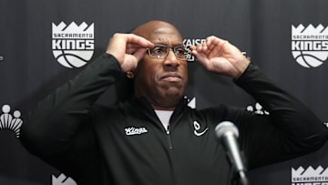 Feb 25, 2024; Los Angeles, California, USA; Sacramento Kings coach Mike Brown at a press conference during the game against the LA Clippers at Crypto.com Arena. Mandatory Credit: Kirby Lee-Imagn Images