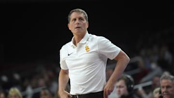 Feb 11, 2025; Los Angeles, California, USA; Southern California Trojans head coach Eric Musselman reacts during the game against the Penn State Nittany Lions at Galen Center. Mandatory Credit: Kirby Lee-Imagn Images