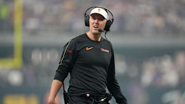 Sep 1, 2024; Paradise, Nevada, USA; Southern California Trojans head coach Lincoln Riley reacts in the first half against the LSU Tigers at Allegiant Stadium. Mandatory Credit: Kirby Lee-Imagn Images