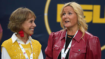 Sep 1, 2024; Paradise, Nevada, USA; Southern California Trojans president Carol Folt (left) and athletic director Jen Cohen (Jennifer Cohen) attend the game against the LSU Tigers at Allegiant Stadium. Mandatory Credit: Kirby Lee-Imagn Images