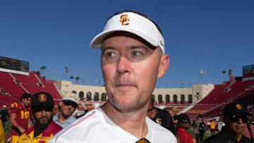 Sep 28, 2024; Los Angeles, California, USA; Southern California Trojans head coach Lincoln Riley reacts after a game against the Wisconsin Badgers at United Airlines Field at Los Angeles Memorial Coliseum. Mandatory Credit: Kirby Lee-Imagn Images