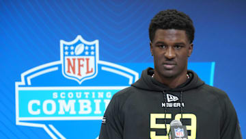 Feb 26, 2025; Indianapolis, IN, USA; Tennessee defensive lineman James Pearce (DL59) during the 2025 NFL Scouting Combine at the Indiana Convention Center. Mandatory Credit: Kirby Lee-Imagn Images