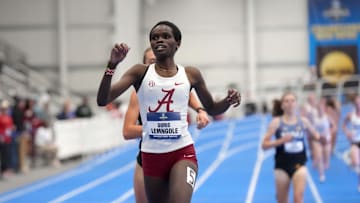 Mar 14, 2025; Virginia Beach, VA, USA; Doris Lemngole of Alabama wins the women's 5,000m in 15:05.93 during the NCAA Indoor Championships at the Virginia Beach Sports Center. Mandatory Credit: Kirby Lee-Imagn Images