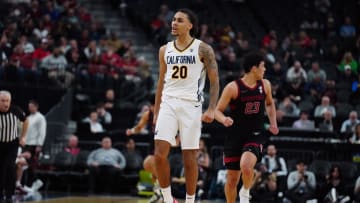 Mar 13, 2024; Las Vegas, NV, USA; California Golden Bears guard Jaylon Tyson (20) celebrates against the Stanford Cardinal in the first half at T-Mobile Arena. Mandatory Credit: Kirby Lee-USA TODAY Sports