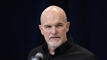 Washington Commanders coach Dan Quinn speaks during the NFL Scouting Combine at the Indiana Convention Center.