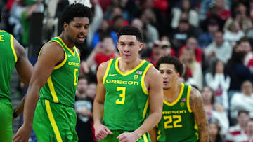 Mar 15, 2024; Las Vegas, NV, USA; Oregon Ducks guard Kario Oquendo (0), guard Jackson Shelstad (3)