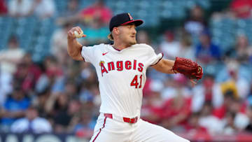 Jul 10, 2025; Anaheim, California, USA;Los Angeles Angels starting pitcher Jack Kochanowicz (41) throws in the second inning against the Texas Rangers at Angel Stadium. Mandatory Credit: Kirby Lee-Imagn Images