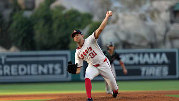 Jul 11, 2025; Anaheim, California, USA; Los Angeles Angels starting pitcher Tyler Anderson (31) throws in the second inning against the Arizona Diamondbacks at Angel Stadium. Mandatory Credit: Kirby Lee-Imagn Images