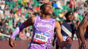 Bullis School sprinter Quincy Wilson places third in 400m semifinal in a national high school record and World U18 record 44.59 during the US Olympic Team Trials at Hayward Field in Eugene, Oregon on Jun3 23, 2024.