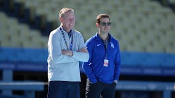 Apr 1, 2024; Los Angeles, California, USA; Spectrum SportsNet LA commentator Orel Hershiser (left) and play-by-play announcer Joe Davis during the game between the San Francisco Giants and Los Angeles Dodgers at Dodger Stadium. Mandatory Credit: Kirby Lee-Imagn Images