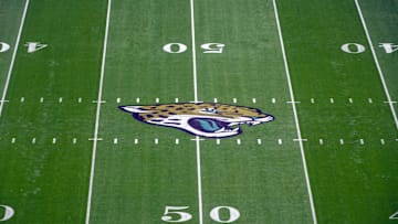 Oct 20, 2024; London, United Kingdom; The Jacksonville Jaguars logo at midfield during an NFL International Series game at Wembley Stadium. Mandatory Credit: Kirby Lee-Imagn Images