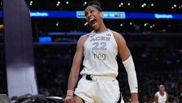 Jul 29, 2025; Los Angeles, California, USA; Las Vegas Aces center A'ja Wilson (22) celebrates in the second half against the LA Sparks at Crypto.com Arena. Mandatory Credit: Kirby Lee-Imagn Images