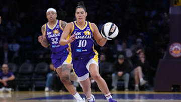 Jun 9, 2025; Los Angeles, California, USA; LA Sparks guard Kelsey Plum (10) dribbles the ball against the Golden State Valkyries in the first half at Crypto.com Arena. Mandatory Credit: Kirby Lee-Imagn Images