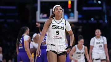 May 25, 2025; Los Angeles, California, USA; Chicago Sky forward Angel Reese (5) reacts in the second half against the LA Sparks at Crypto.com Arena. Mandatory Credit: Kirby Lee-Imagn Images