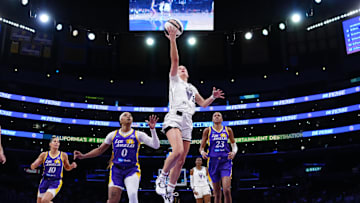 Jun 9, 2025; Los Angeles, California, USA; Golden State Valkyries guard Julie Vanloo (35) shoots the ball against LA Sparks guard Odyssey Sims (0) and forward Azura Stevens (23) in the first half at Crypto.com Arena. Mandatory Credit: Kirby Lee-Imagn Images