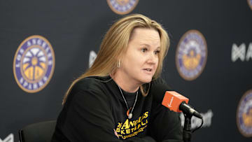Jun 9, 2025; Los Angeles, California, USA; LA Sparks coach Lynne Roberts at press conference at Crypto.com Arena. Mandatory Credit: Kirby Lee-Imagn Images