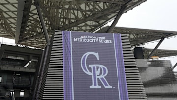 Apr 26, 2024; Mexico City, Mexico;  A banner with the Colorado Rockies logo at Estadio Alfredo Harp Helu. Mandatory Credit: Kirby Lee-Imagn Images