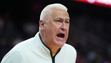 Mar 13, 2024; Las Vegas, NV, USA; Oregon State Beavers coach Wayne Tinkle reacts against the UCLA Bruins in the first half  at T-Mobile Arena. Mandatory Credit: Kirby Lee-Imagn Images