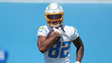 Jun 13, 2024; Costa Mesa, CA, USA; Los Angeles Chargers wide receiver Brenden Rice (82) carries the ball during minicamp at the Hoag Performance Center. Mandatory Credit: Kirby Lee-Imagn Images