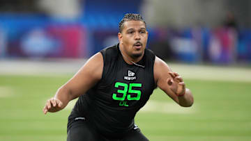 Mar 2, 2025; Indianapolis, IN, USA; Texas Tech offensive lineman Caleb Rogers (OL35) during the 2025 NFL Scouting Combine at Lucas Oil Stadium. Mandatory Credit: Kirby Lee-Imagn Images