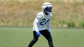 May 21, 2024, Thousand Oaks, California, USA; Los Angeles Rams defensive back Darious Williams (24) wears a Guardian helmet cap during organized team activities at Cal Lutheran University. Mandatory Credit: Kirby Lee-Imagn Images