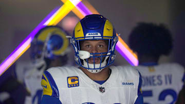 Dec 3, 2023; Inglewood, California, USA; Los Angeles Rams defensive tackle Aaron Donald (99) enters the field before the game against the Cleveland Browns at SoFi Stadium. Mandatory Credit: Kirby Lee-Imagn Images