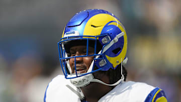 Aug 17, 2024; Inglewood, California, USA; Los Angeles Rams guard Kevin Dotson (69) during the game against the Los Angeles Chargers SoFi Stadium. Mandatory Credit: Kirby Lee-Imagn Images