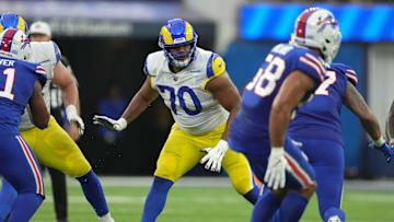 Sep 8, 2022; Inglewood, California, USA; Los Angeles Rams offensive tackle Joe Noteboom (70) blocks during the game against the Buffalo Bills at SoFi Stadium. The Bills defeated the Rams 31-10. Mandatory Credit: Kirby Lee-Imagn Images
