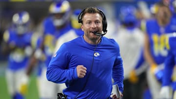 Dec 21, 2021; Inglewood, California, USA; Los Angeles Rams head coach Sean McVay celebrates against the Seattle Seahawks in the second half at SoFi Stadium. The Rams defeated the Seahawks 20-10. Mandatory Credit: Kirby Lee-Imagn Images