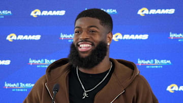 Jun 3, 2025; Woodland Hills, CA, USA; Los Angeles Rams linebacker Jared Verse at a press conference during organized team activities at Rams Practice Facility. 