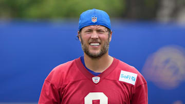 Jun 3, 2025; Woodland Hills, CA, USA; Los Angeles Rams quarterback Matthew Stafford (9) during organized team activities at Rams Practice Facility. Mandatory Credit: Kirby Lee-Imagn Images