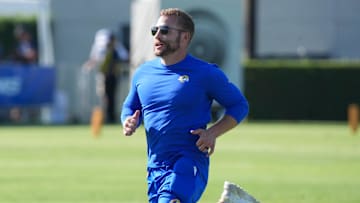 Jul 23, 2025; Los Angeles, CA, USA; Los Angeles Rams coach Sean McVay runs during training camp at Loyola Marymount University. Mandatory Credit: Kirby Lee-Imagn Images