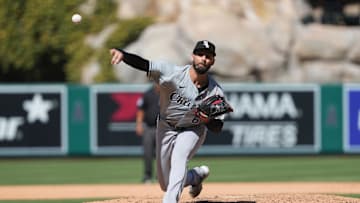 Chicago White Sox relief pitcher Justin Anderson (60) throws in the eighth inning against the Los Angeles Angels at Angel Stadium in 2024.
