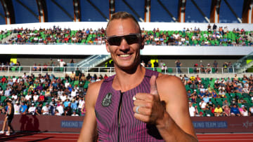 Jun 23, 2024; Eugene, OR, USA; Sam Kendricks gestures after winning the pole vault in a meet record 19-5 (5.92m) during the US Olympic Team Trials at Hayward Field. Mandatory Credit: Kirby Lee-USA TODAY Sports