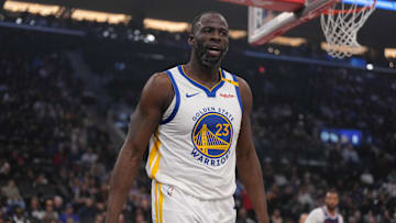 Nov 18, 2024; Inglewood, California, USA; Golden State Warriors forward Draymond Green (23) reacts in the first half against the LA Clippers at Intuit Dome. Mandatory Credit: Kirby Lee-Imagn Images