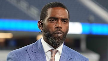 Jan 17, 2022; Inglewood, California, USA; Randy Moss on the ESPN Monday Night Countdown set before a NFC Wild Card playoff football game between the Los Angeles Rams and the Arizona Cardinals at SoFi Stadium. Mandatory Credit: Kirby Lee-Imagn Images