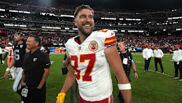 Kansas City Chiefs tight end Travis Kelce reacts after the Chiefs' win against the Las Vegas Raiders on Oct. 27, 2024.