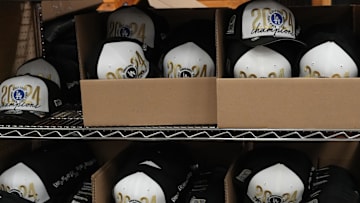 Oct 31, 2024; El Segundo, CA, USA; Los Angeles Dodgers 2024 World Series Championship New Era hats at Dick's Sporting Goods. 