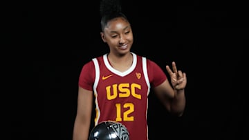 USC Trojans guard JuJu Watkins during Pac-12 women's basketball media day at Park MGM Las Vegas Conference Center. 